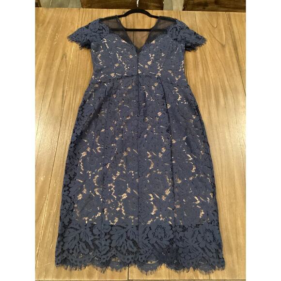 Rene Ruiz illusion Lace Mesh Evening sheath Knee short sleeve Dress Navy Blue 8 - Picture 3 of 14
